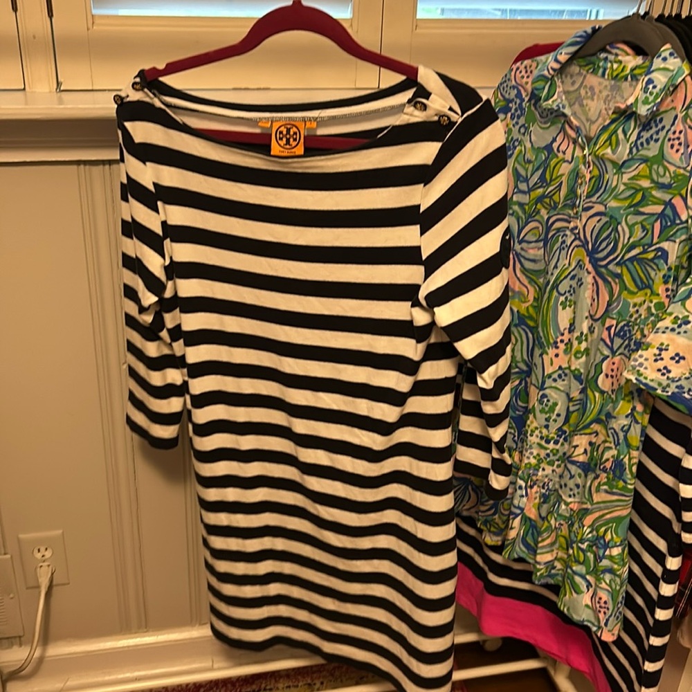 Tory Burch cotton navy blue/white stripe dress w/ gold buttons & sleeve emblem